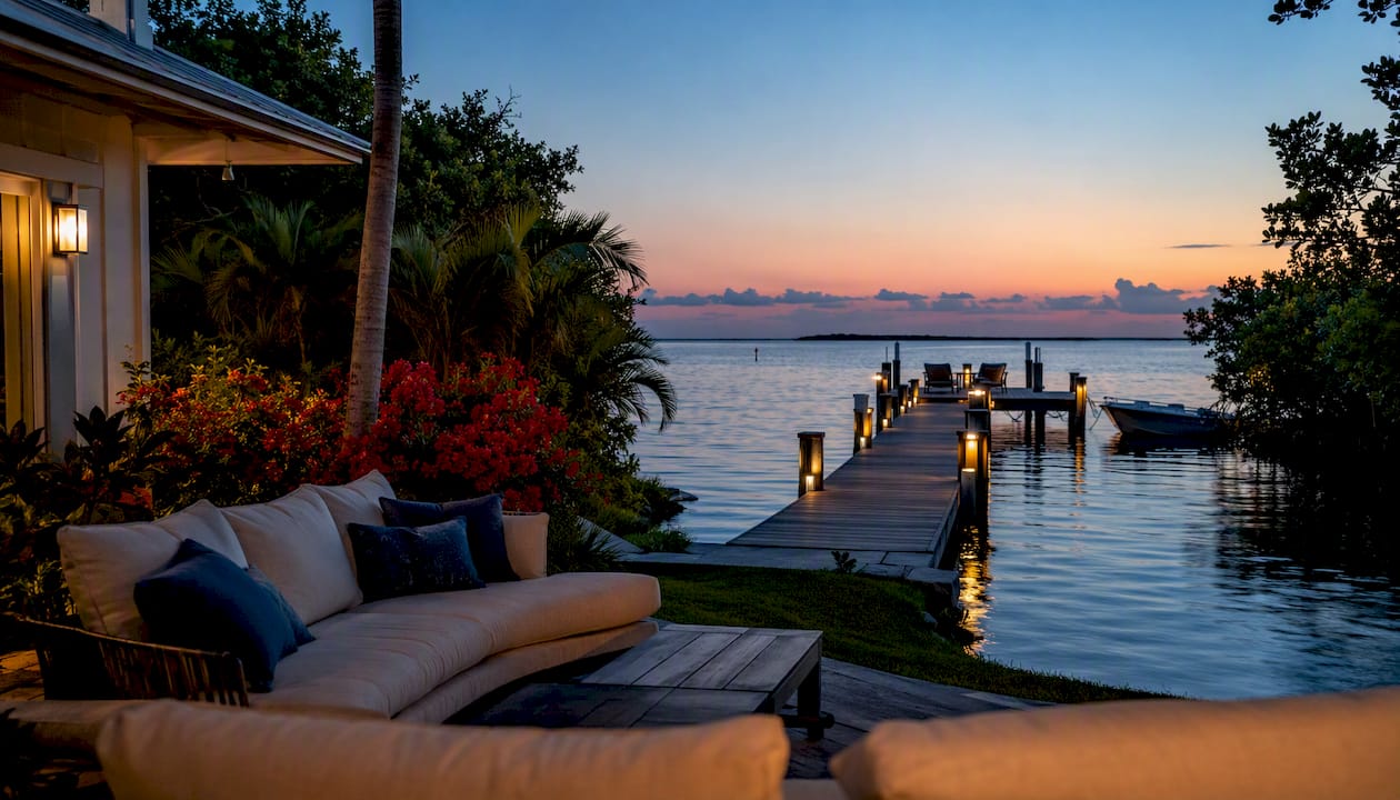 Luxury beachfront home at sunset on Captiva Island