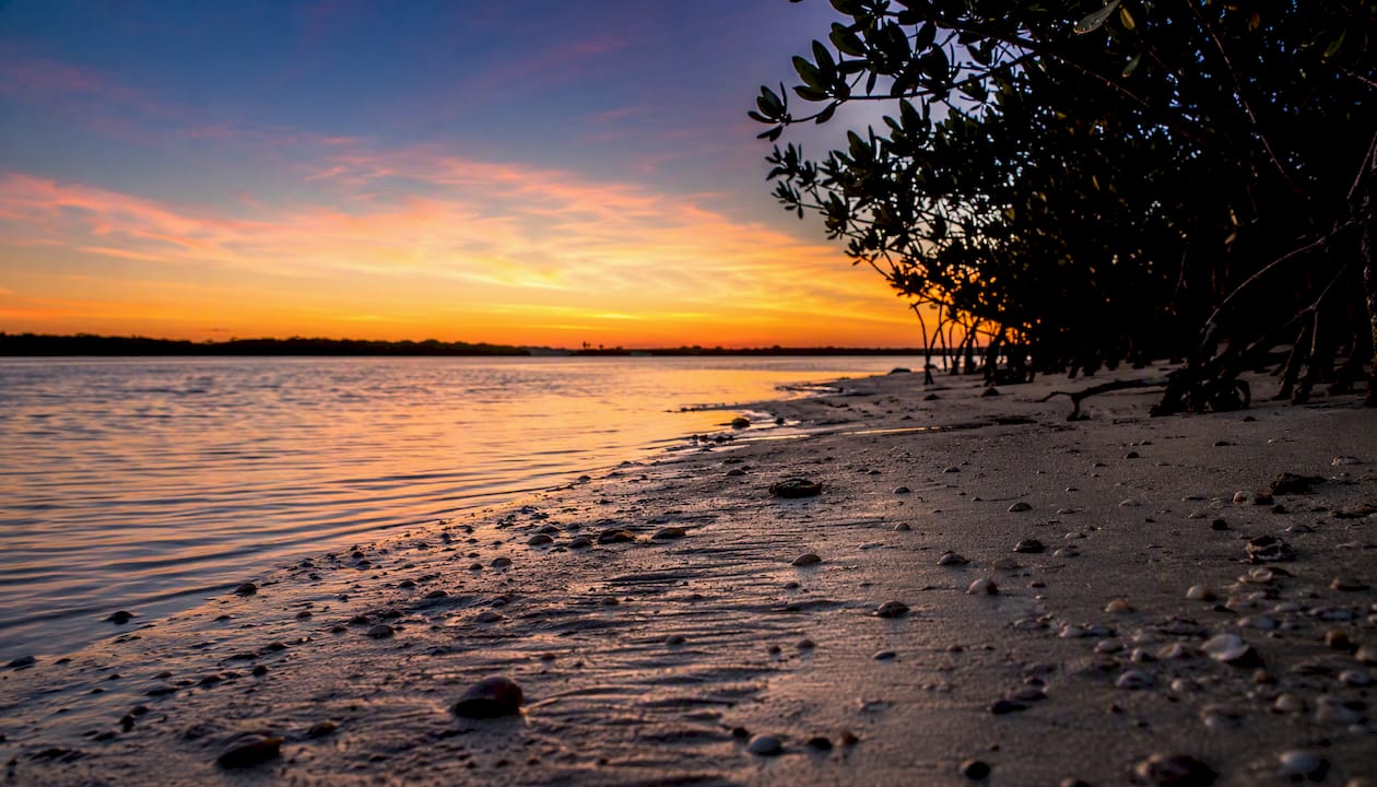 Tidal inlet and shell beach at sunset, Blind Pass