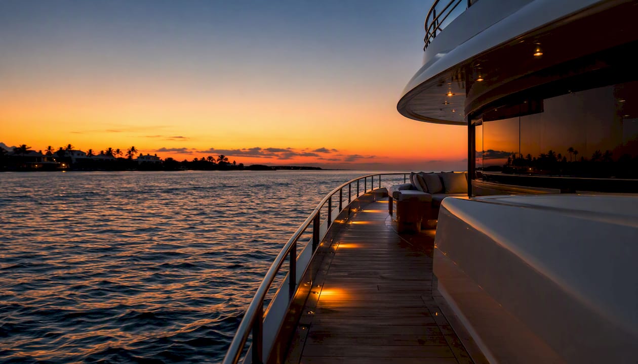 Boat railing and sunset view on cruise