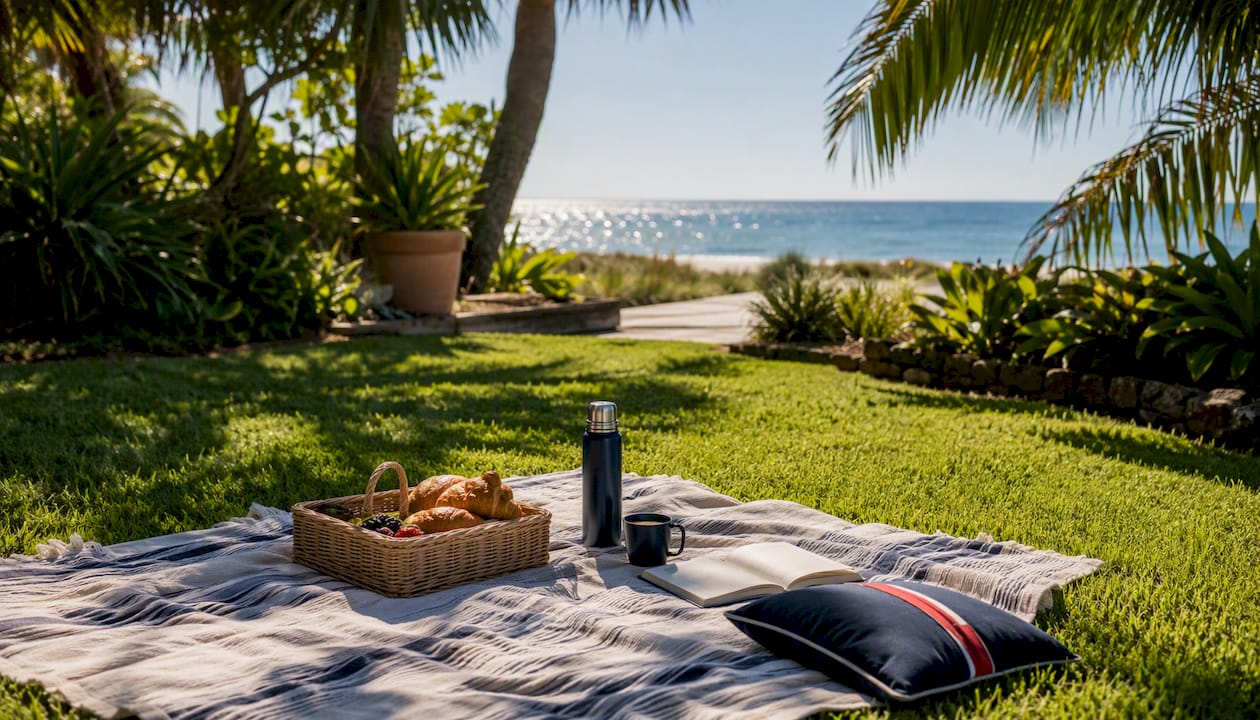 Sunset beach scene with wine tote and glasses