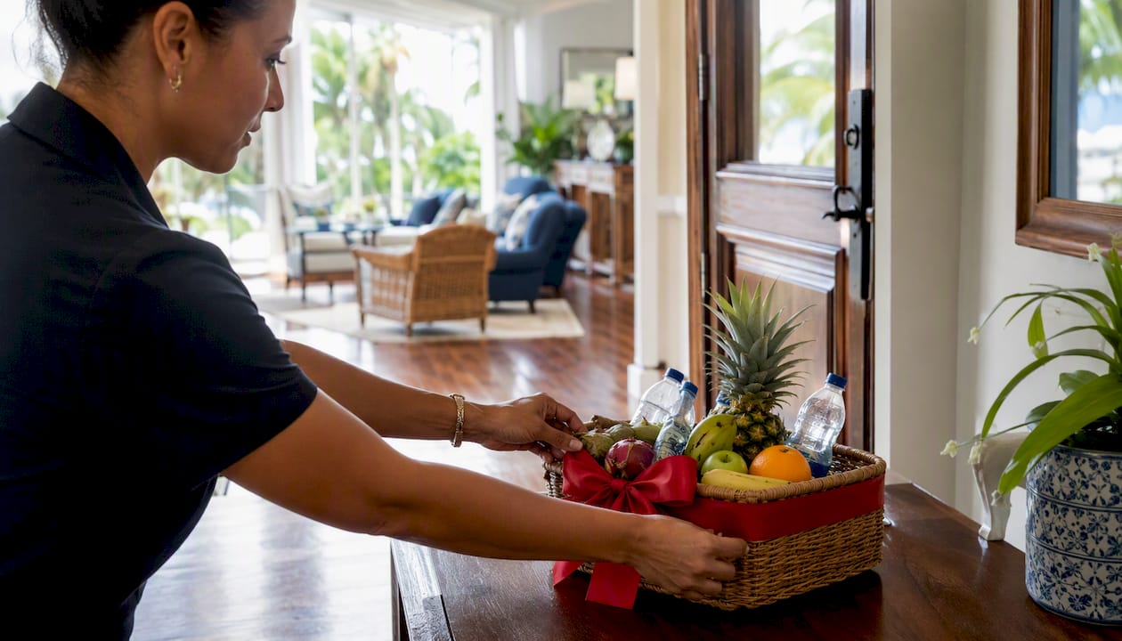Concierge arranging welcome basket
