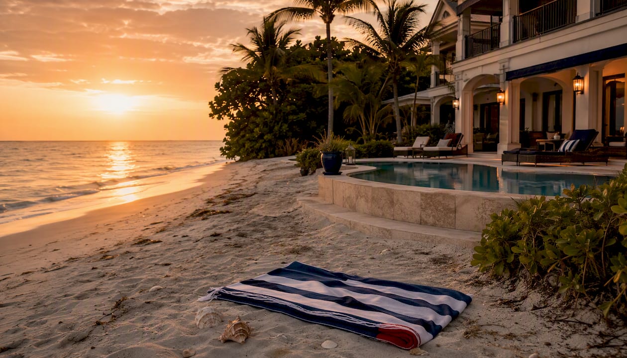 Luxury beachfront rental at sunset