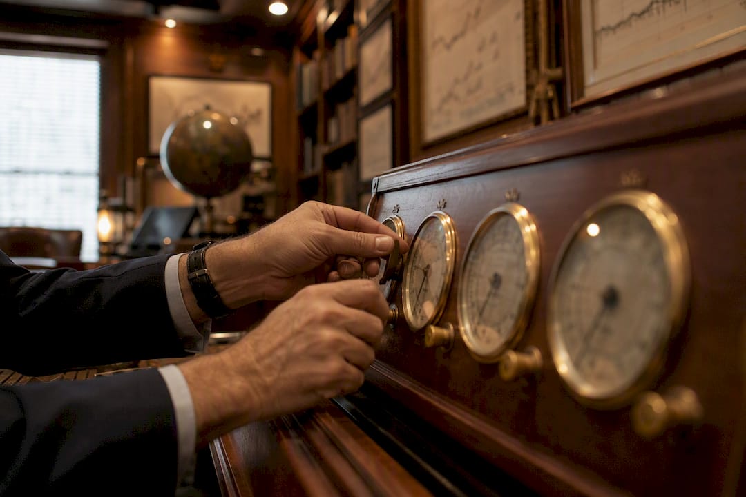 Hands adjusting financial market dials on dashboard