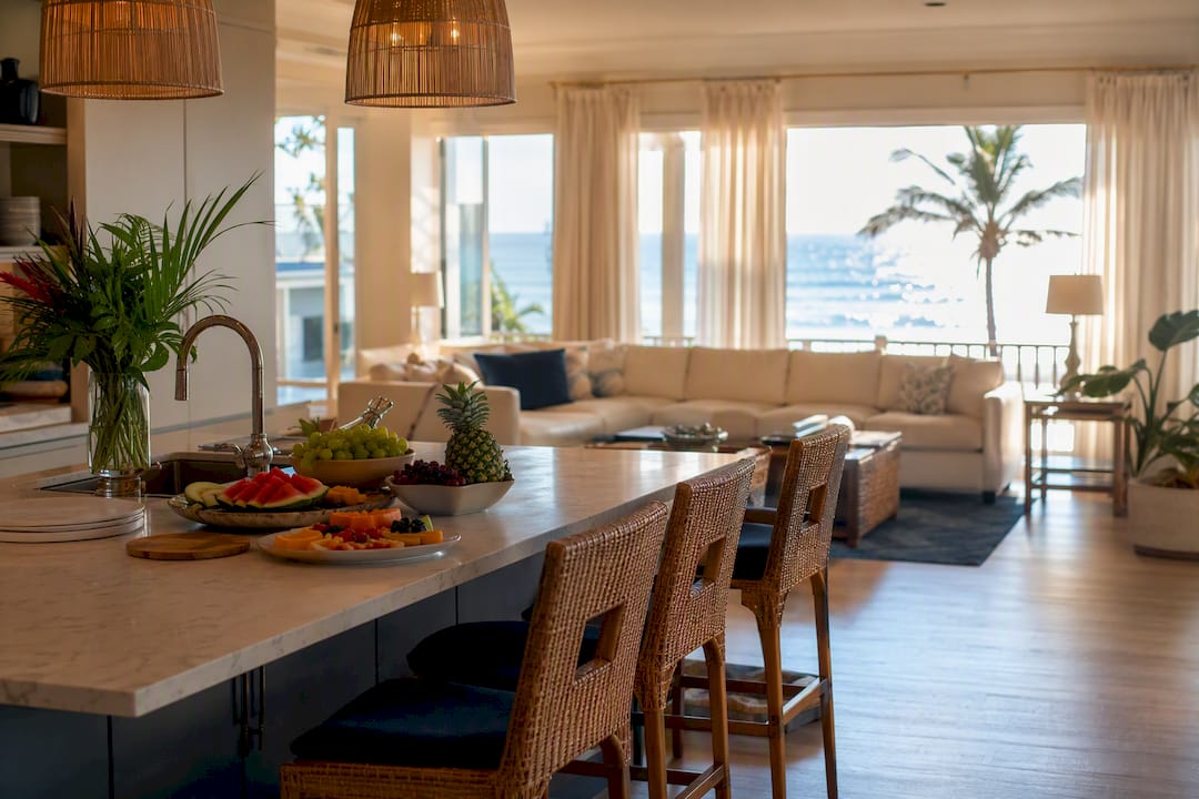 Luxury family vacation home interior with beach view