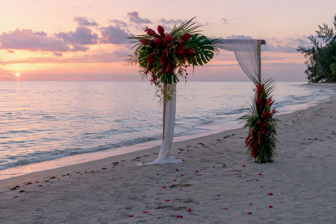 Intimate beach wedding arch at sunset