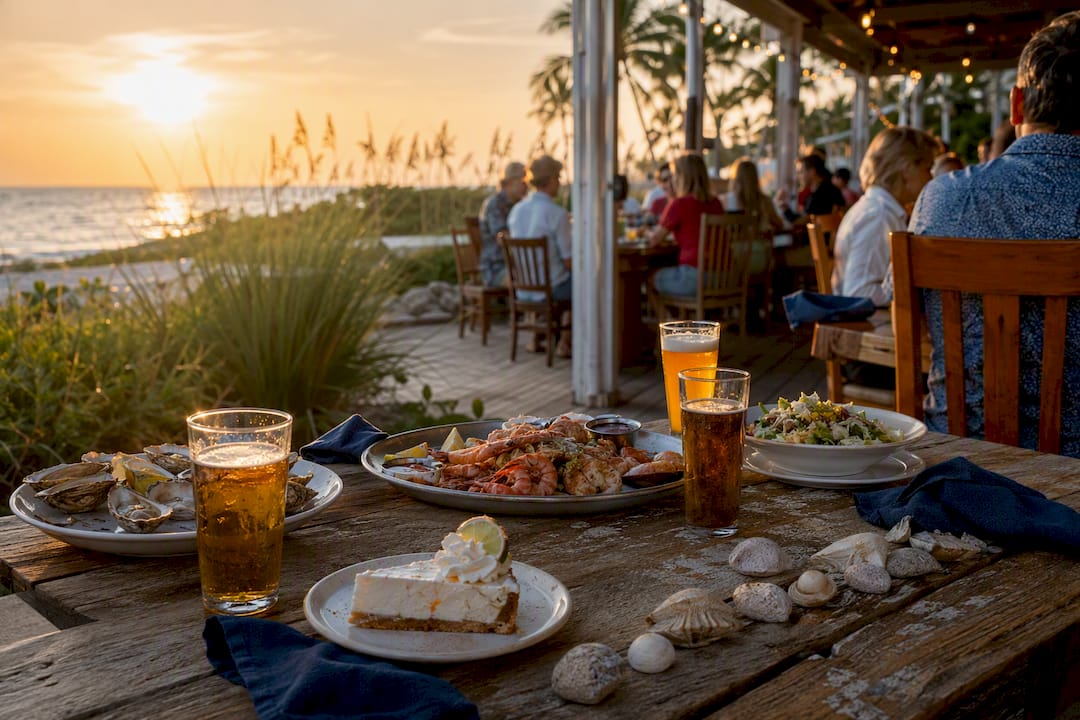 Mucky Duck screened patio with seafood at sunset