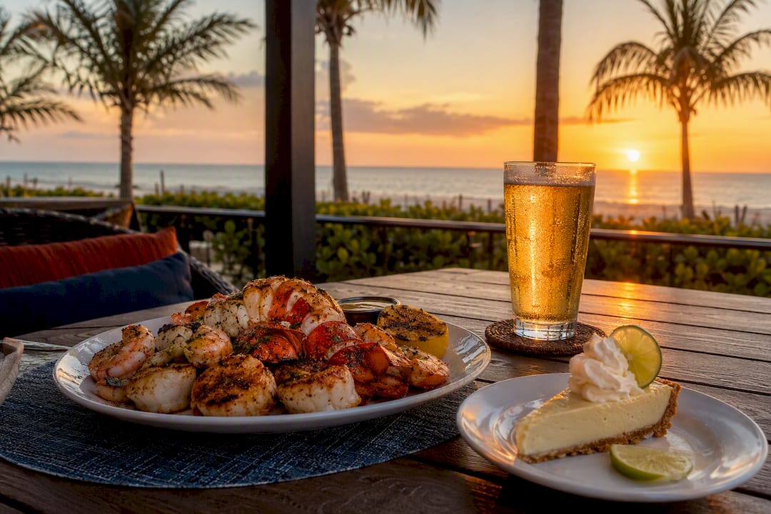 Fresh seafood and key lime pie on patio table