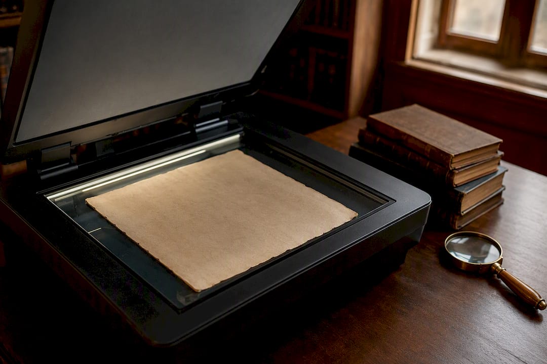 Archival newspaper being digitized on scanner