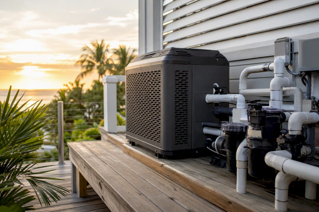 Coastal pool heater equipment on protective base