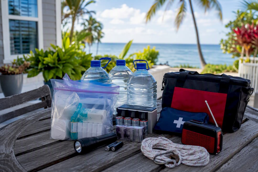 Hurricane preparedness supplies on porch
