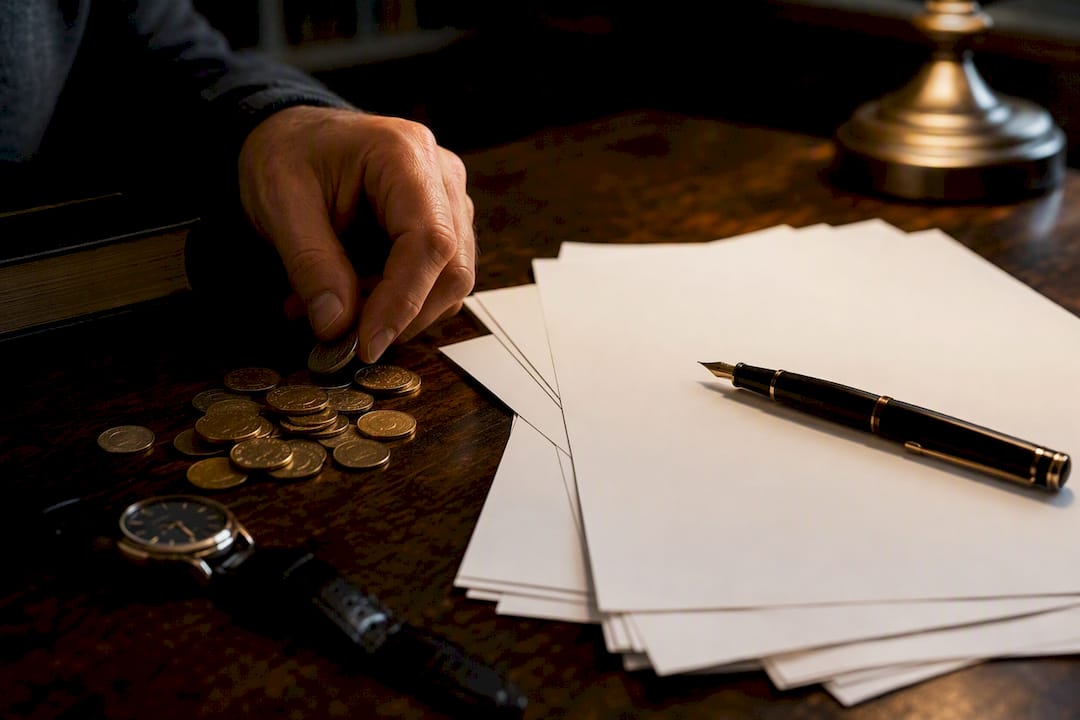 Hand sorting coins and pension report papers