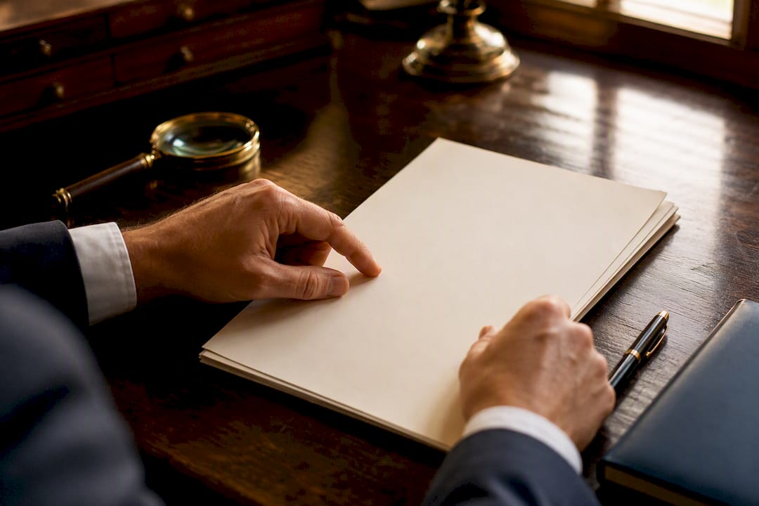 Hands pointing to trading terms on dark wood desk