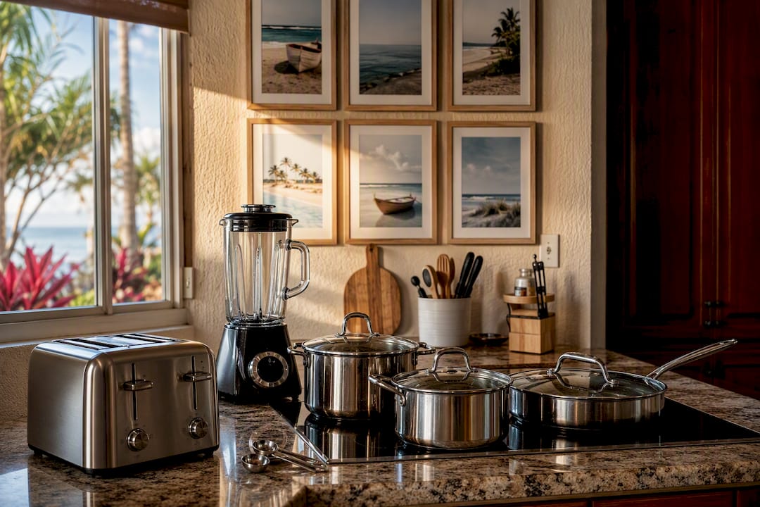 Small appliances and cookware on kitchen counter