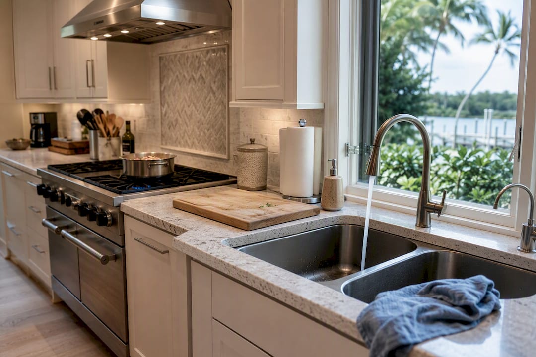Modern beachfront kitchen stove and sink