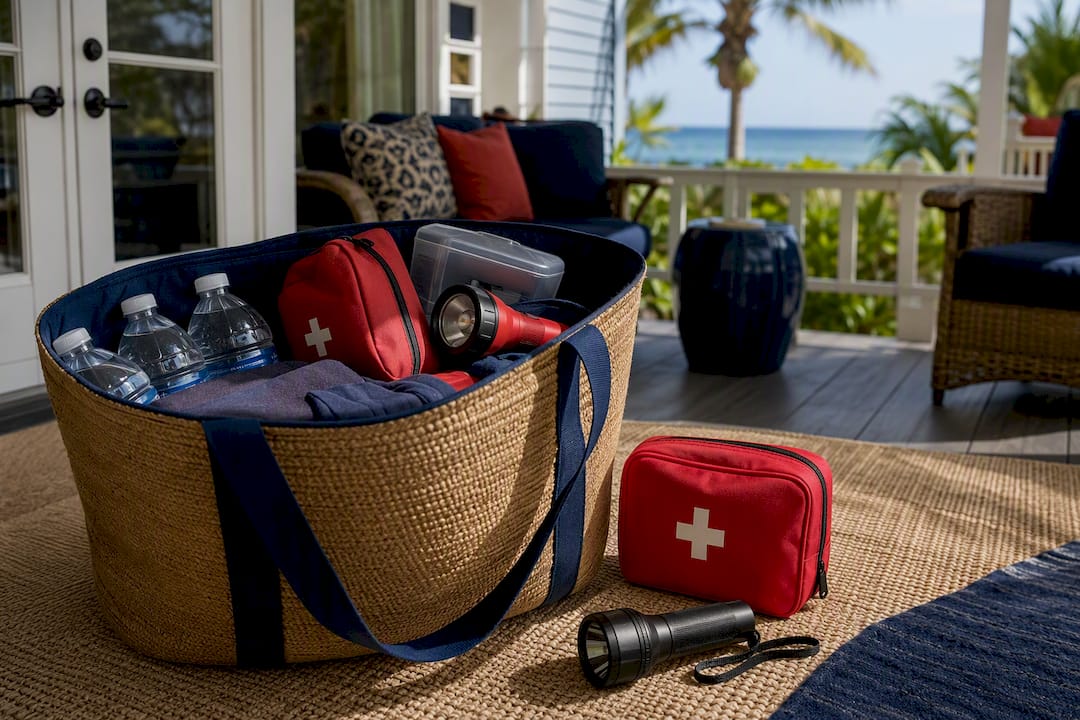 Hurricane evacuation emergency kit on coastal porch