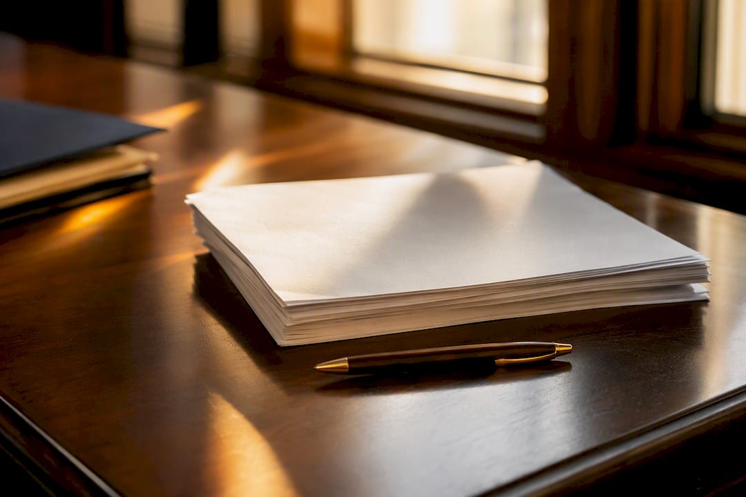 Pen on financial documents on polished desk