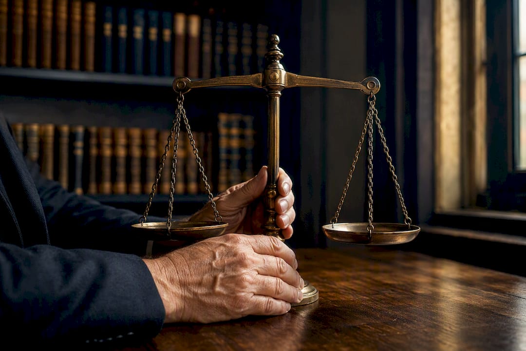 Hands holding scales of justice close-up