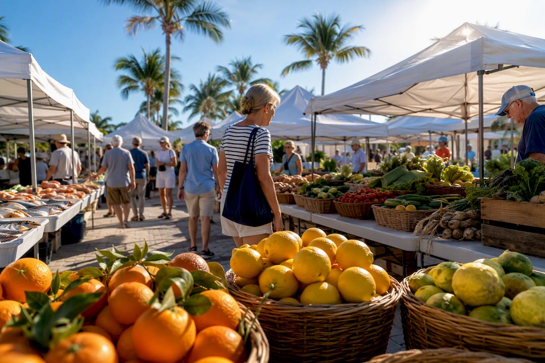 Shoppers browsing Sanibel farmers market stalls