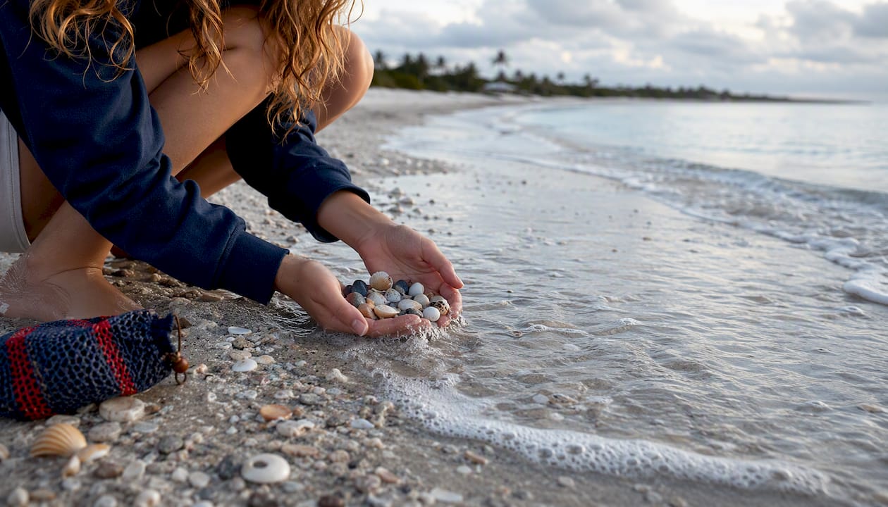 Teen examining shells along Captiva beach