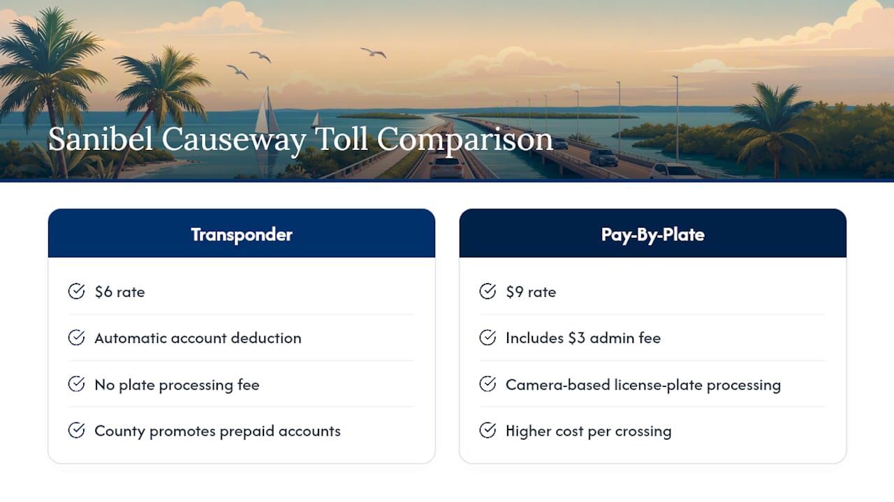 Sanibel toll rates compared by payment method