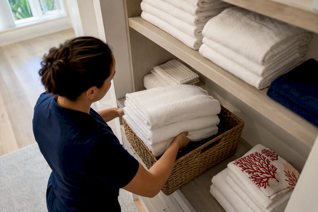 Fresh towels prepared for a mid-stay rental swap