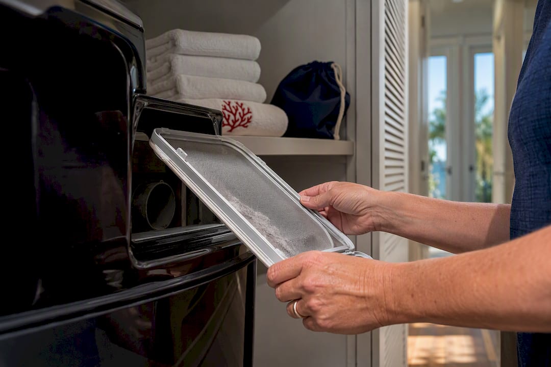 Hands checking a rental dryer lint screen