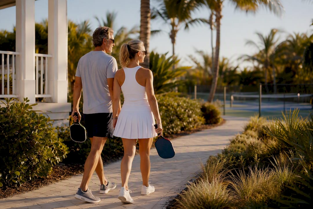 Couple walking from rental toward pickleball court