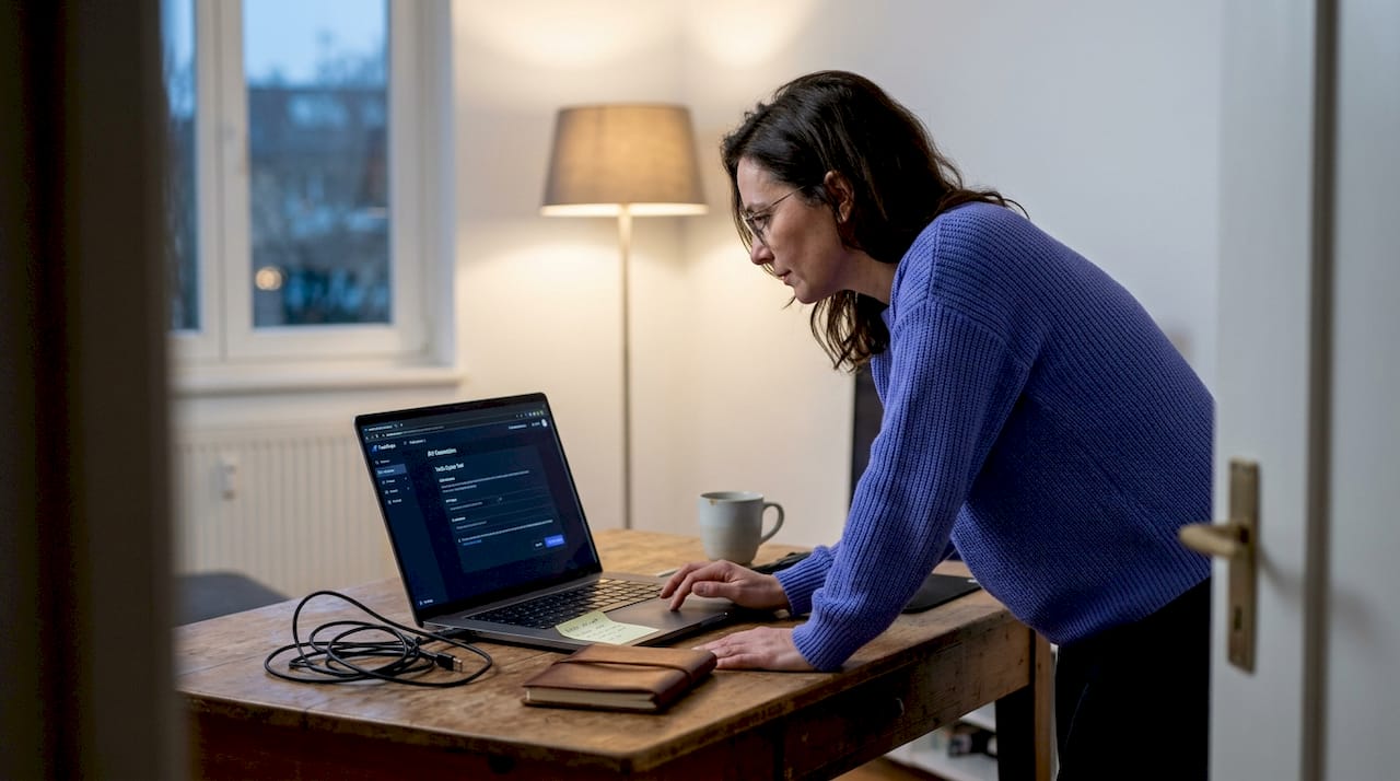 Person setting up trade copier on laptop