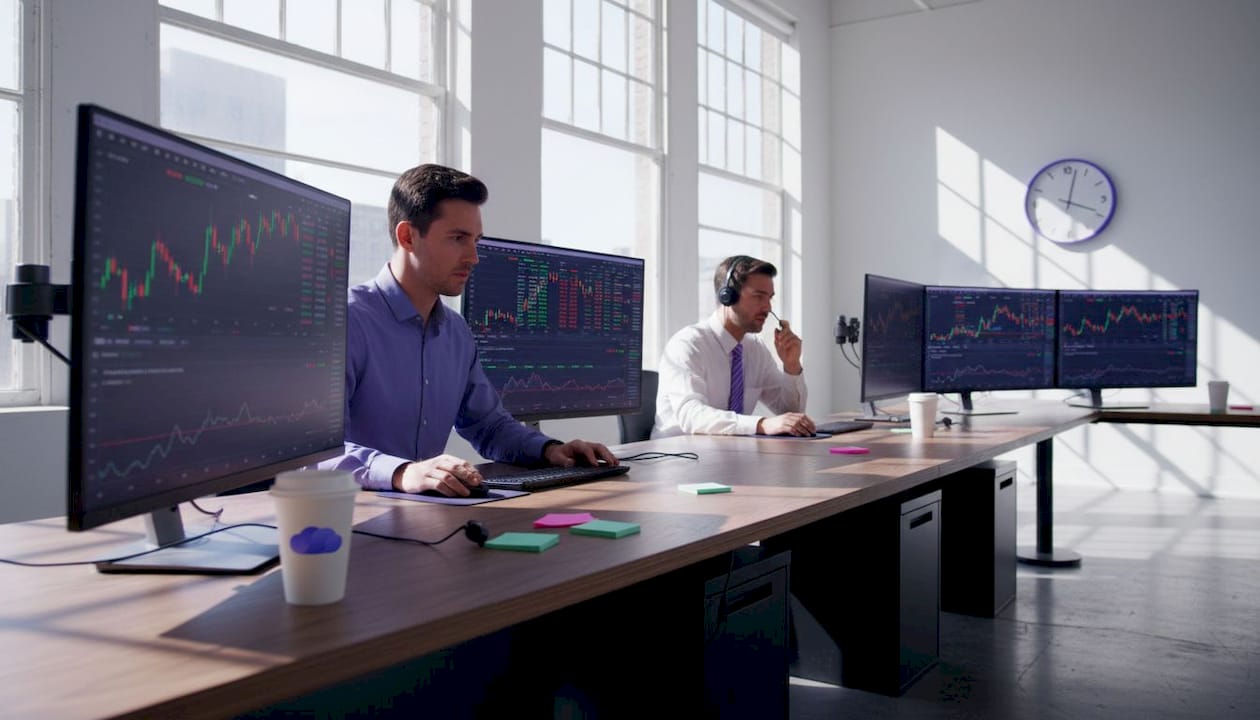 Prop trading desk with traders during market volatility