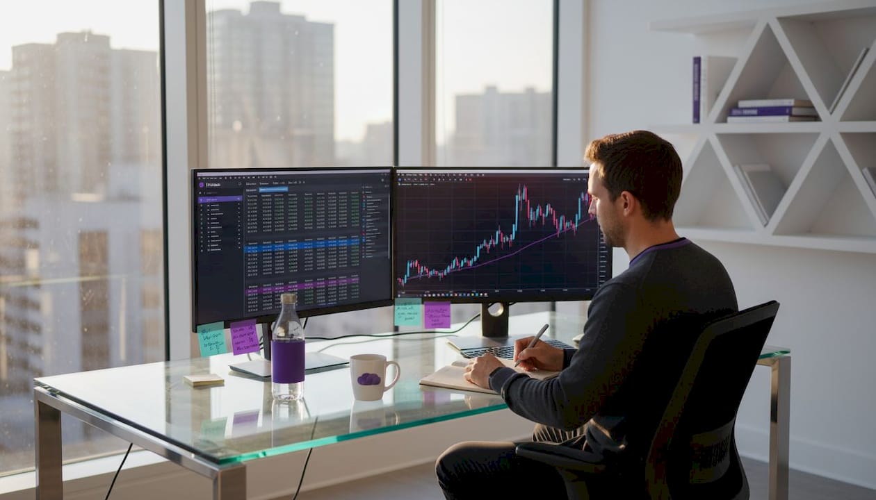 Trader managing multiple accounts at corner desk