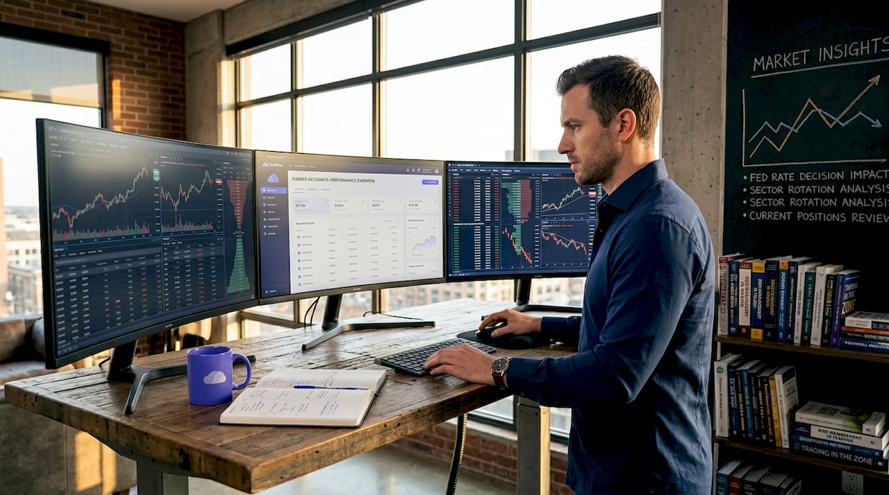 Trader managing multiple accounts in home office