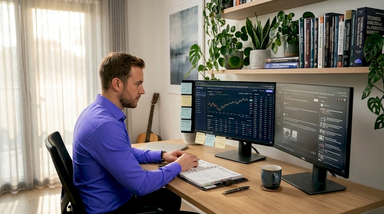 Trader using multiple monitors in home office