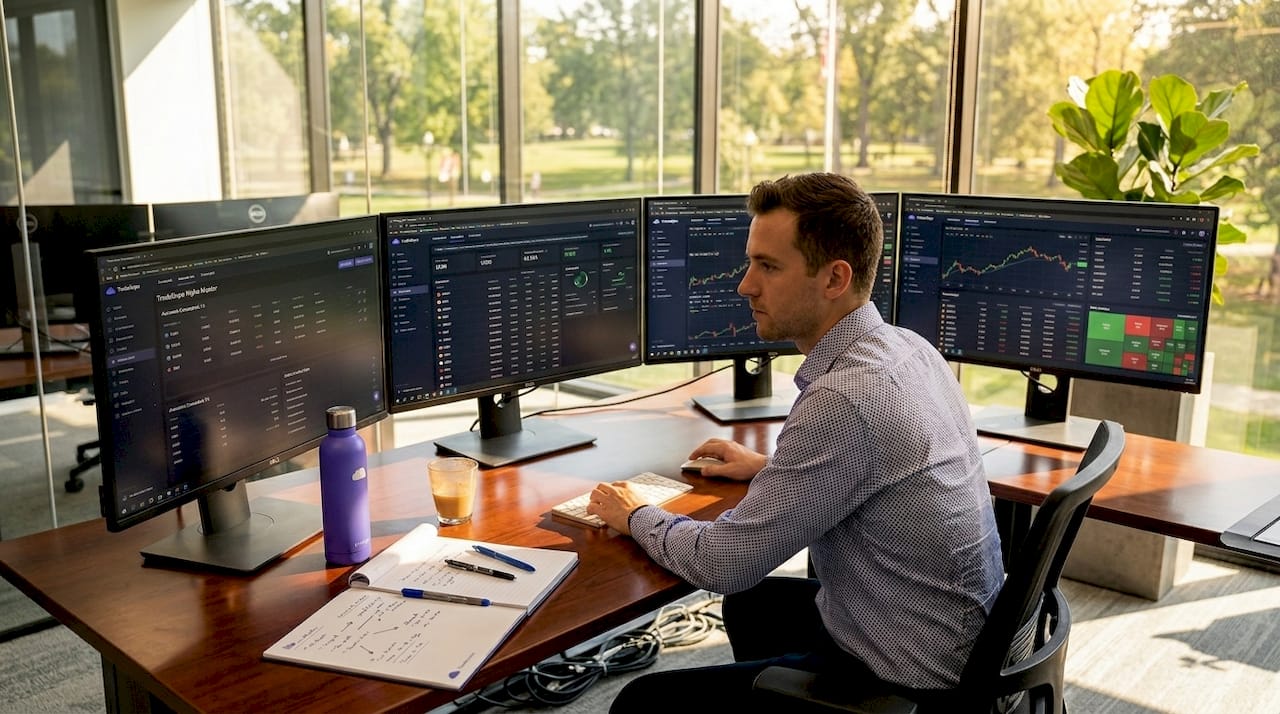 Trader manages multiple accounts with trade copier screens