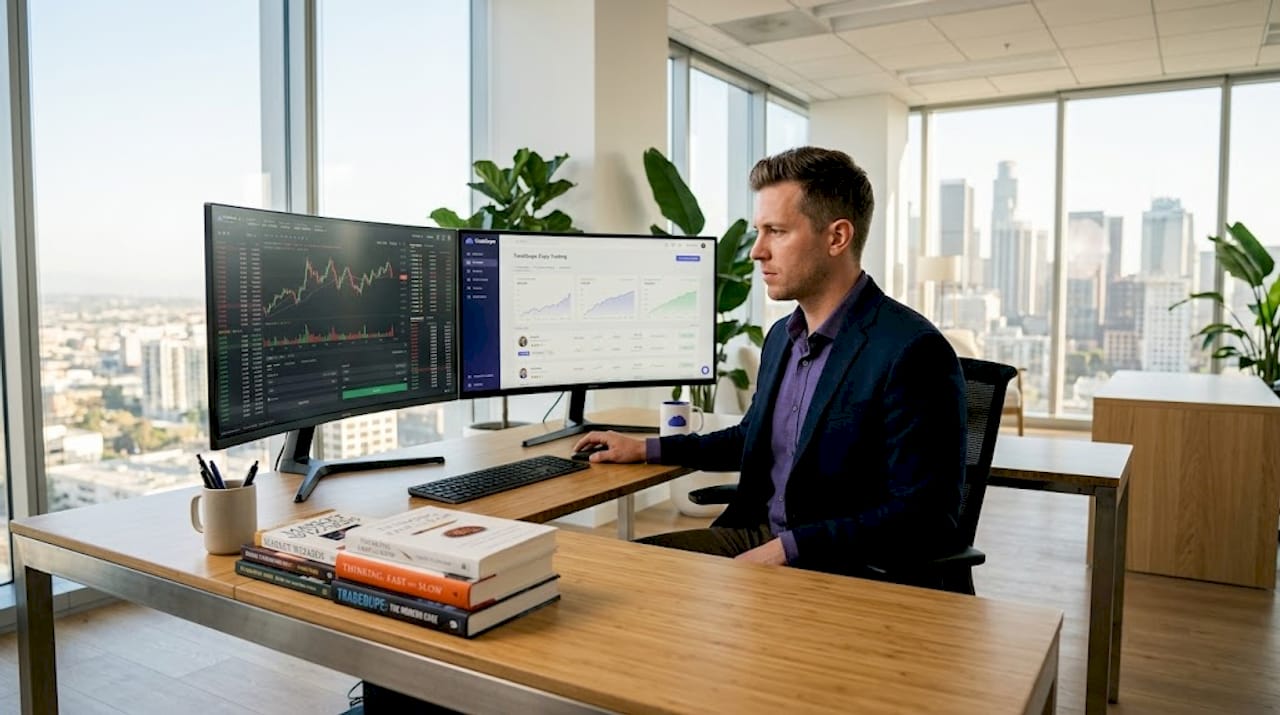 Trader monitoring copy trading software at desk