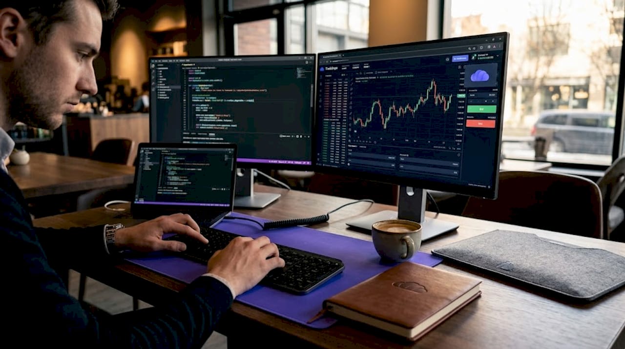 Trader coding copy trading script at desk