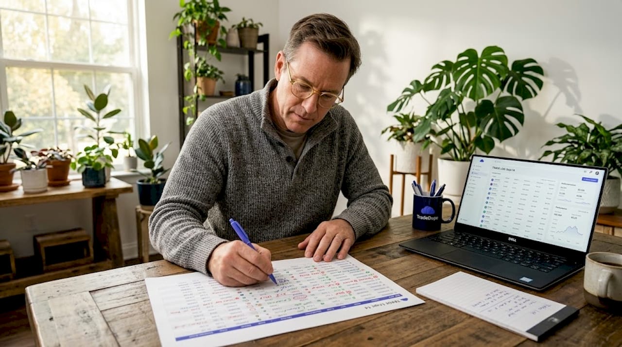 Trader tagging trades at cluttered kitchen table