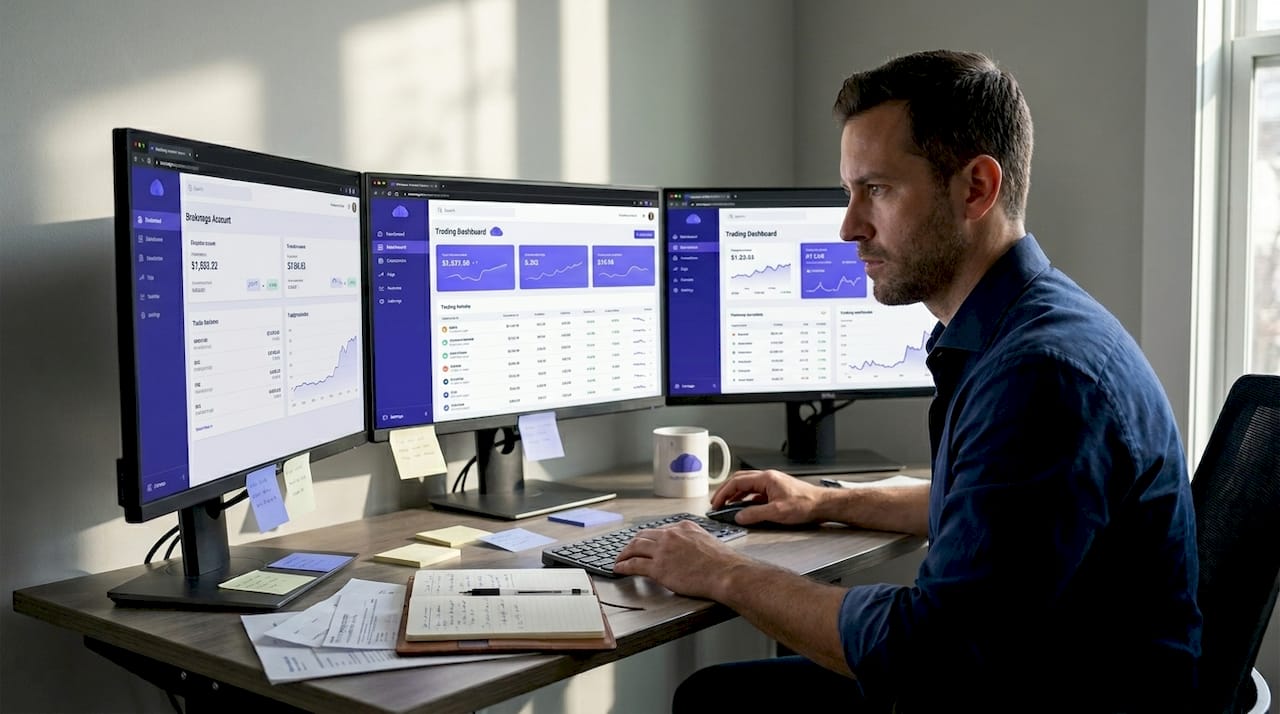 Trader managing multiple trading screens at desk