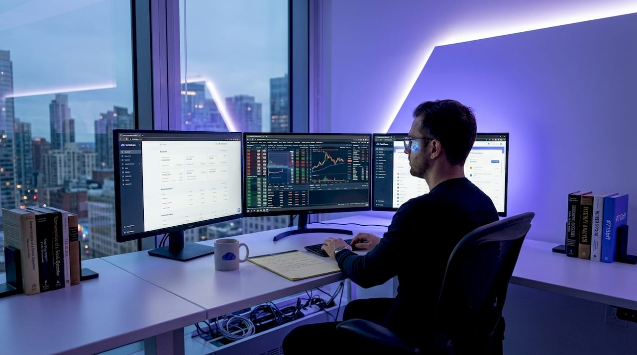 Trader at desk with multiple monitors, coffee mug