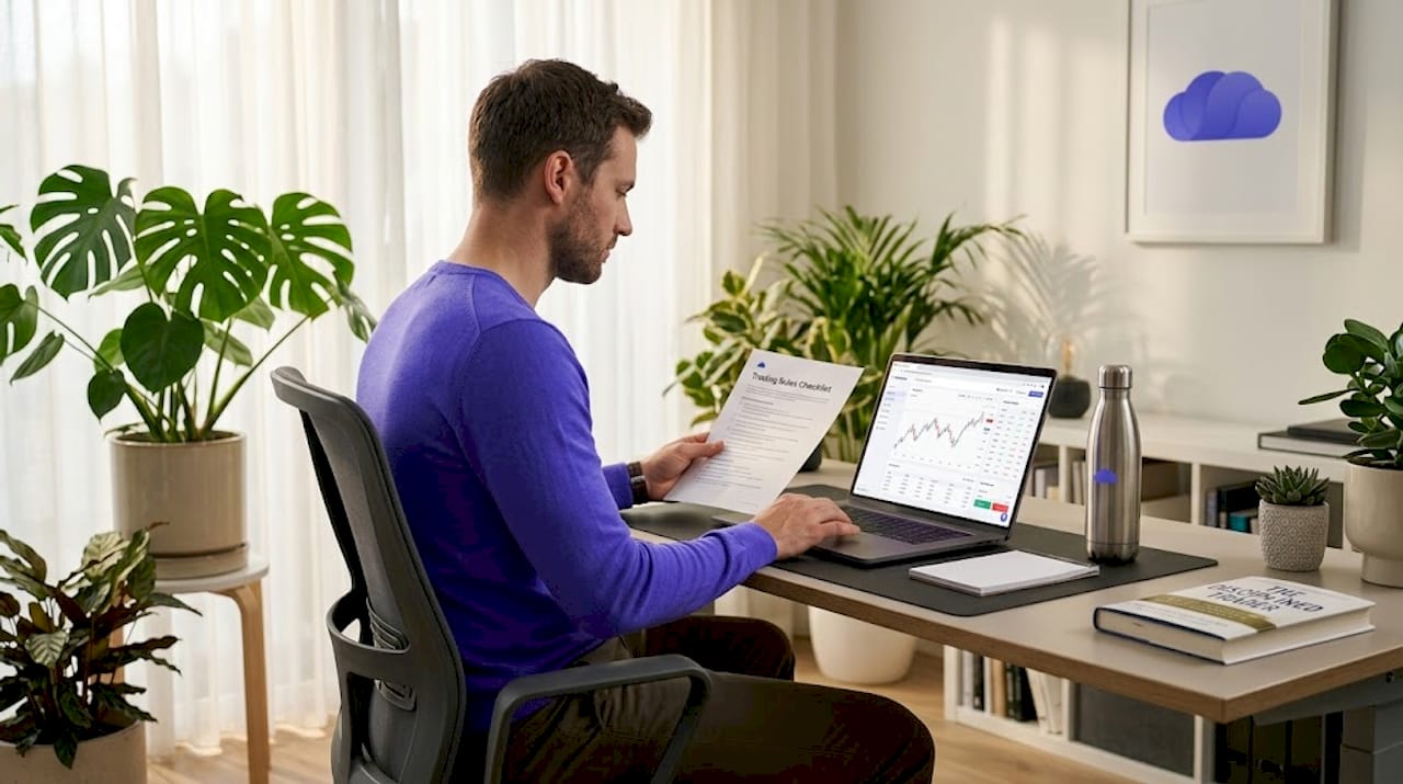Trader reviews funded account rules at desk