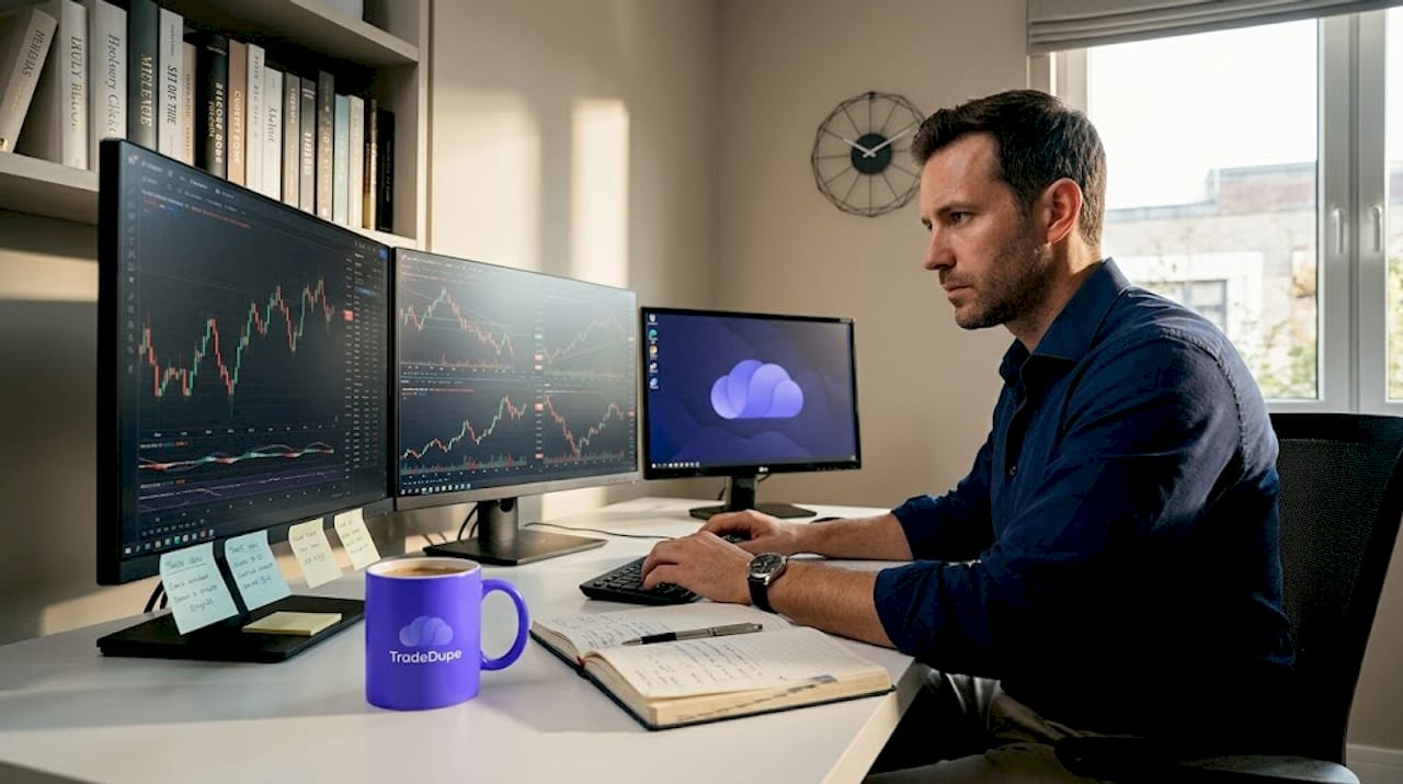 Prop trader reviews charts in home office