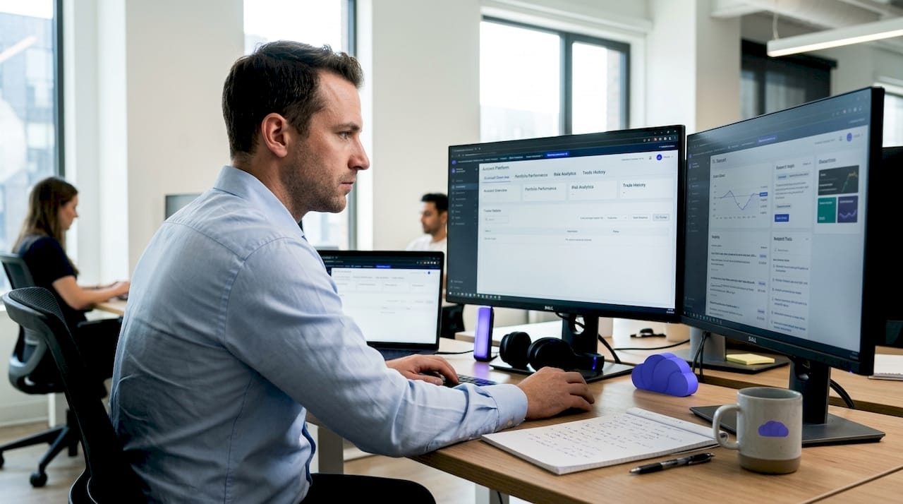 Prop trader monitoring MAM accounts at desk