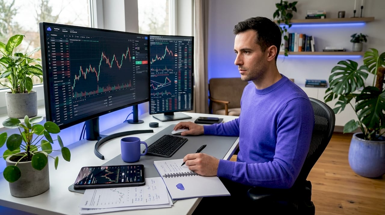 Trader working with multiple trading monitors