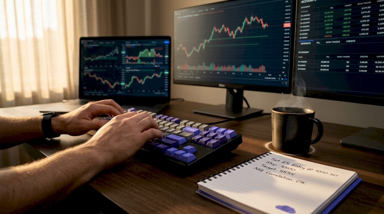 Trader managing multiple futures accounts in home office