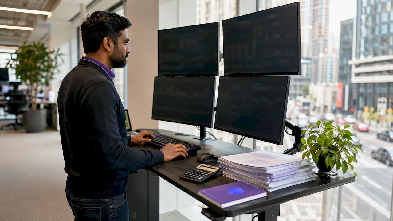 Prop trader managing multiple funded accounts at desk