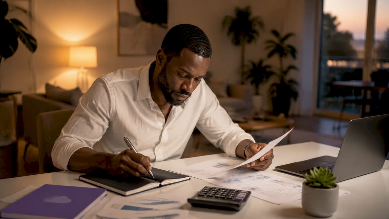 Trader reviewing account documents at desk