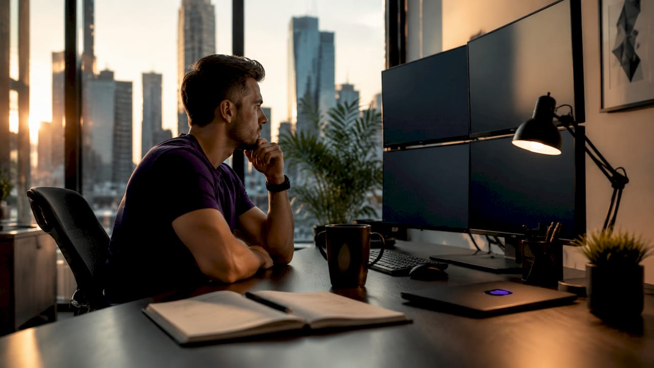 Trader managing risk limits at home office desk