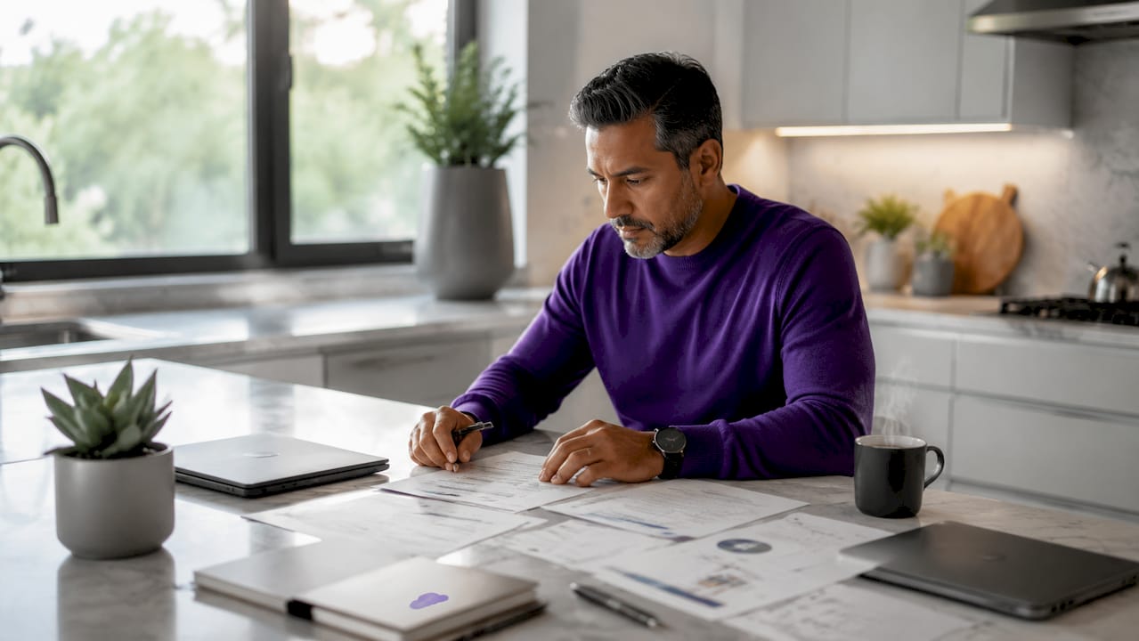 Man managing multiple trading accounts at desk