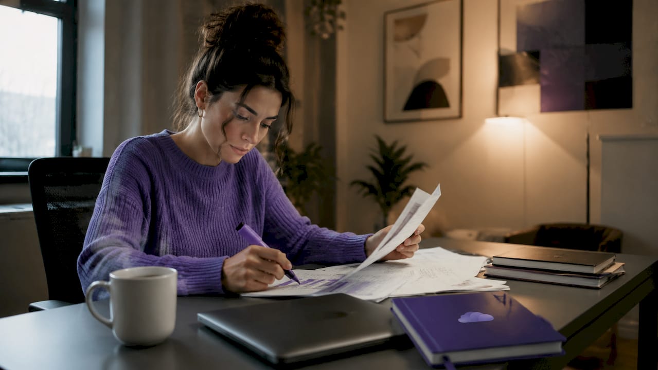 Analyst reviewing vendor scorecards at desk