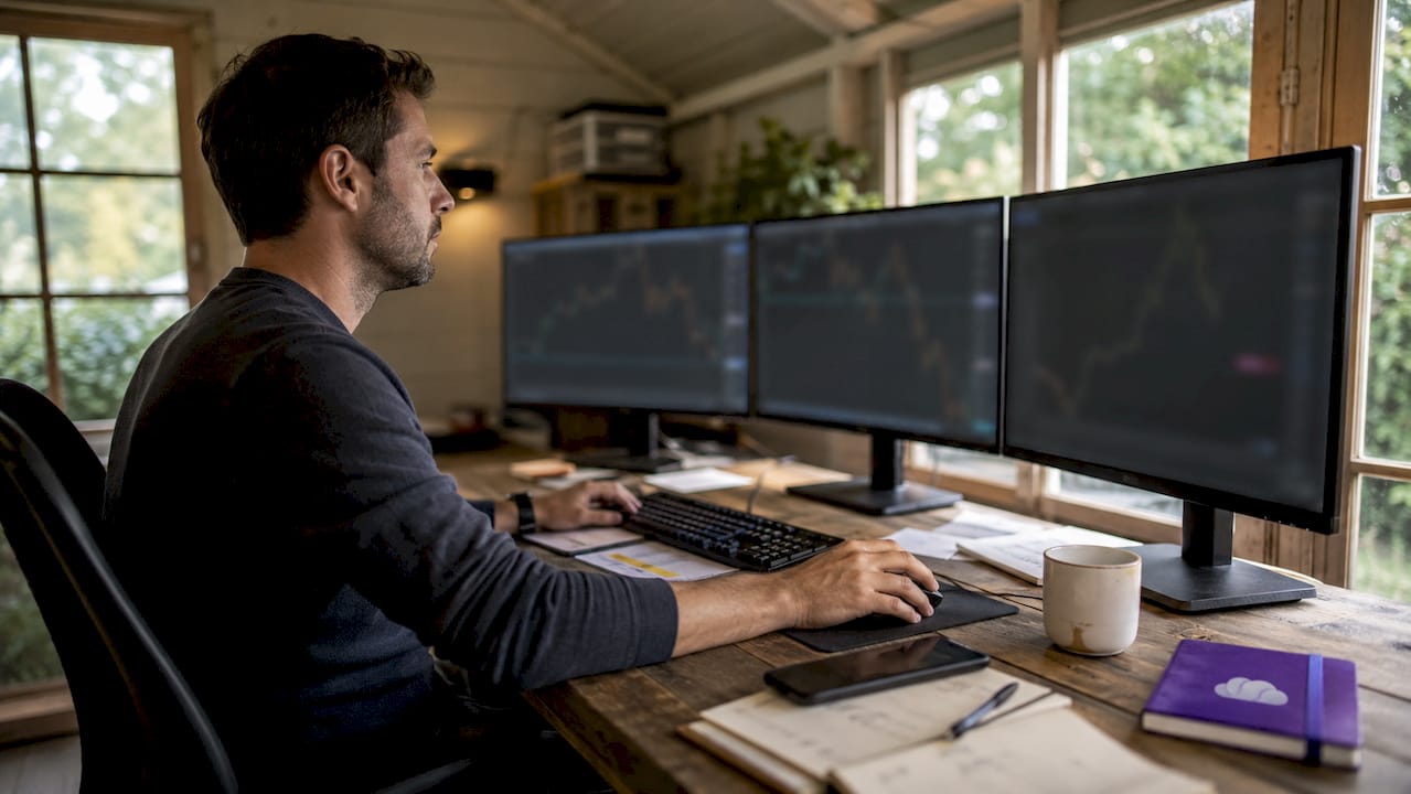 Trader managing multiple prop firm accounts at desk