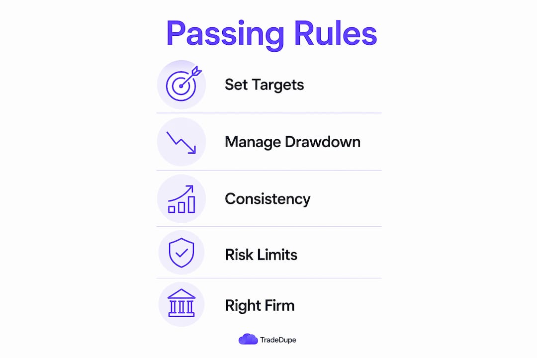 Infographic outlining essential rules to pass prop firm evaluations on multiple accounts